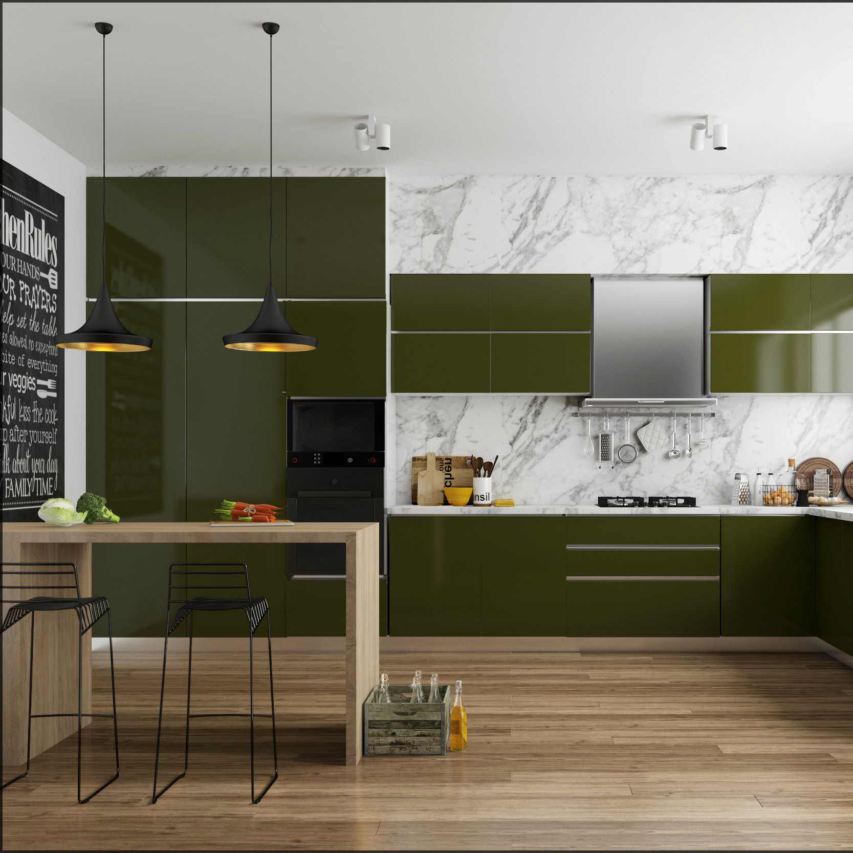 dark green Modular Kitchen Dealers & Manufacturers with blum hafele fittings and accessories in gurgaon and delhi