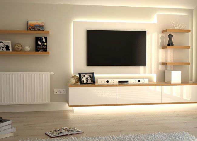 tv unit with backlight lit and multiple shelfs and in white acrylics