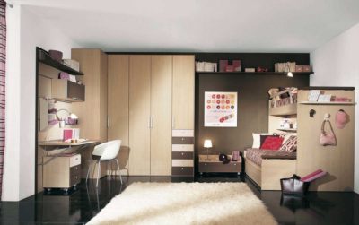 interiors of kitchen bedroom with wardrobes and study table and a bunk bed by design indian kitchen company in gurgaon and delhi